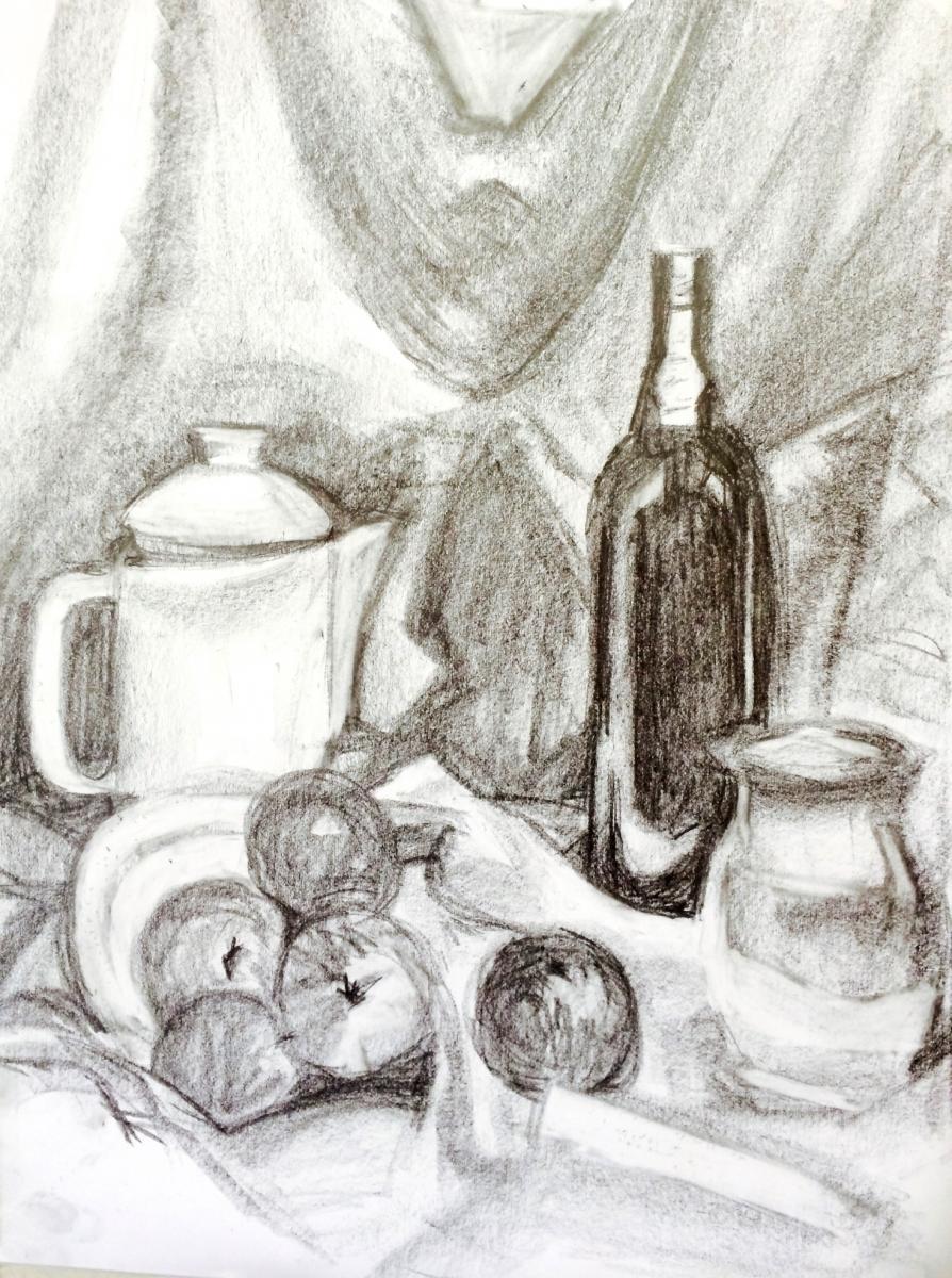 Dessin débutant - Suzanne -  Nature morte - Conté noir et blanc - 1h15m